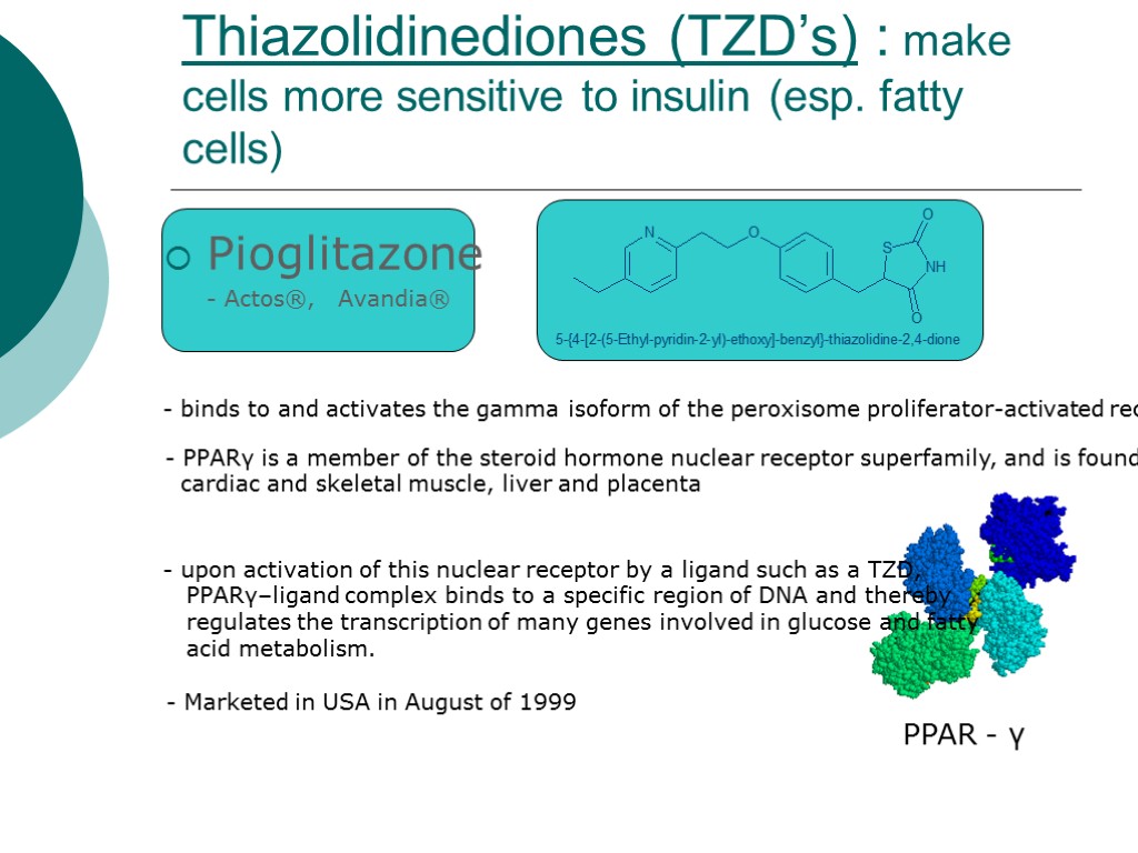 Thiazolidinediones (TZD’s) : make cells more sensitive to insulin (esp. fatty cells) Pioglitazone -